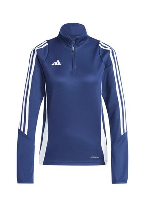 Marineblaues Sportoberteil mit hohem Kragen, halbem Reißverschluss, weißen Streifen an den Ärmeln und atmungsaktivem Stoff mit "AEROREADY"-Label am Saum.