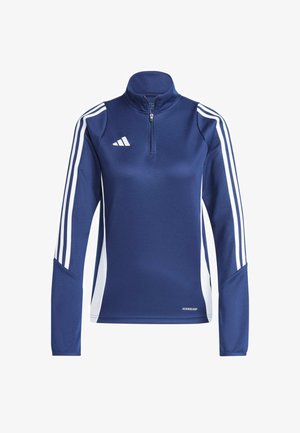 Felpa sportiva blu navy con colletto alto, zip a metà, strisce bianche sulle maniche e tessuto traspirante con etichetta "AEROREADY" sull'orlo.
