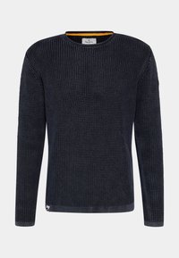 Mörkblå stickad tröja med långa ärmar, rundad hals, ribbade muddar och ett strukturerat mönster. Etikett synlig på nedre vänstra sidan.