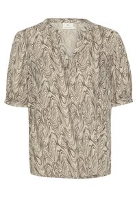 Blusa a maniche corte color crema con motivo marrone a spirale, caratterizzata da un scollo a V e una vestibilità rilassata. Realizzata in tessuto leggero e testurizzato.