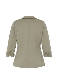 Veste cintrée vert olive clair avec manches trois-quarts froncées et col classique, vue de dos sur fond blanc.