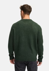 Tummanvihreä neulepusero, jossa on pyöreä kaula-aukko, ribatut hihansuut ja helma. Pehmeä rakenne, rento istuvuus ja minimaalinen yksityiskohtaisuus takana.