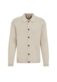 Cardigan bej tricotat cu guler, având mâneci lungi, închidere frontală cu butoane și manșete cu model de nervuri. Accente notabile cu butoane negre.