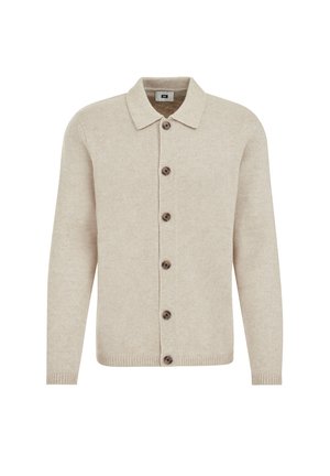 Beige kötött kardigán, gallérral, hosszú ujjakkal, gombos előlapi zárással és bordázott mandzsettákkal. Figyelemre méltó sötét gombd�íszekkel.