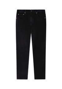 Jeans de mezclilla negra con corte recto, con bolsillos delanteros, cierre de cremallera y botón. Textura lisa con costuras mínimas visibles.