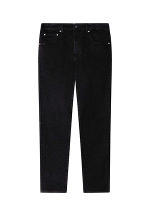 Zwarte denim jeans met een rechte pijpenpasvorm, voorzien van voorzakken, een ritssluiting en een knoopsluiting. Gladde textuur met minimale zichtbare stiksels.