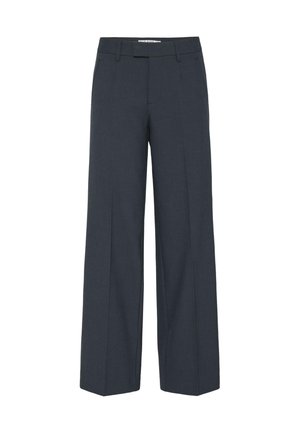 Brede broek in donkerblauw, gemaakt van een gladde stof. Kenmerkt zich door een gestructureerde tailleband en discreet geplooide details aan de voorkant.