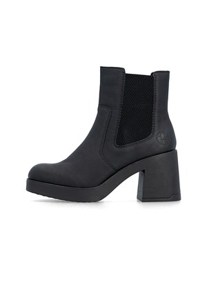 Black leather ankle boot with block heel, elastic side panel, and round toe, shown in side profile on white background.