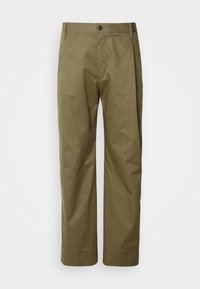 Pantalons droit vert olive en tissu léger en mélange de coton. Dotés d'une fermeture à bouton à l'avant et de poches standard.