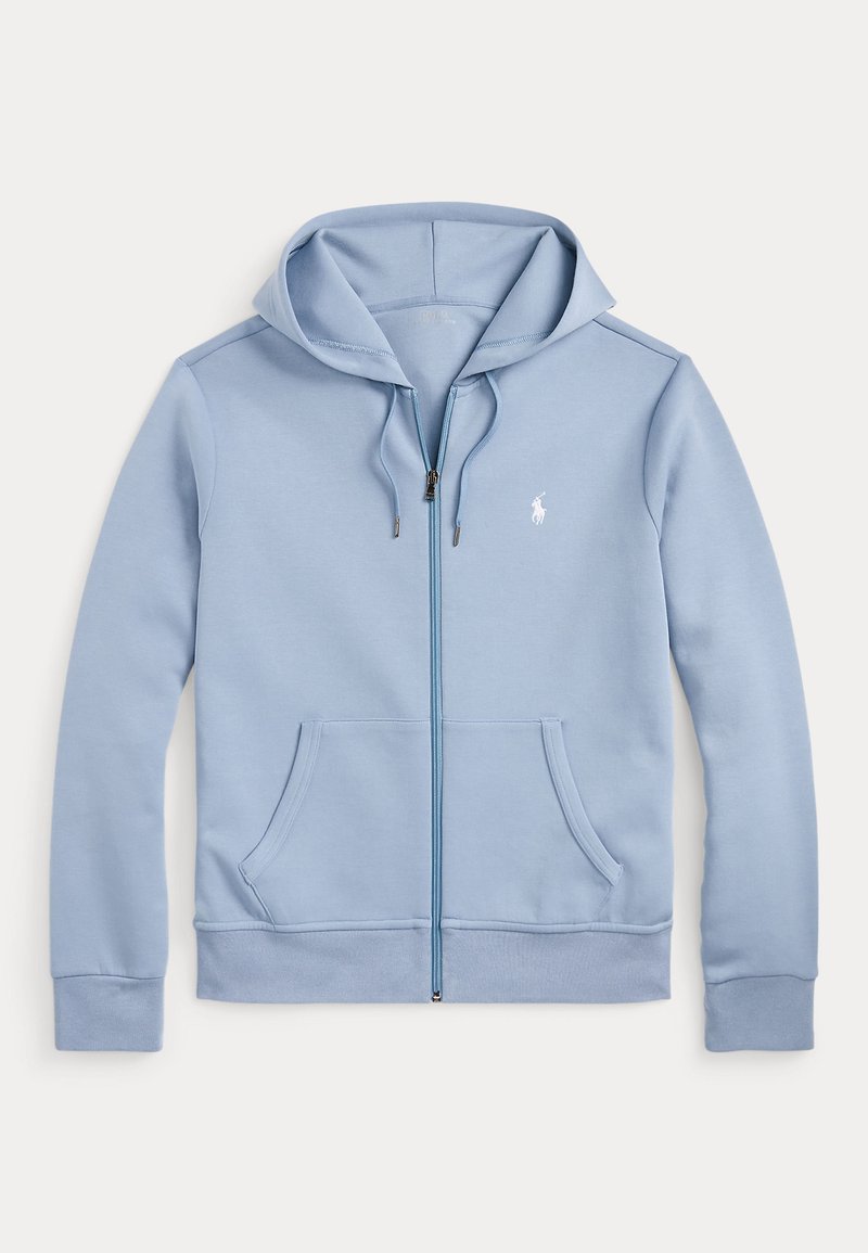 Lyseblå hettegenser med glidelås laget av bomullsblanding, med kengurulomme, ribbede mansjetter, hvit logo detaljer på brystet, og justerbar snorhette.