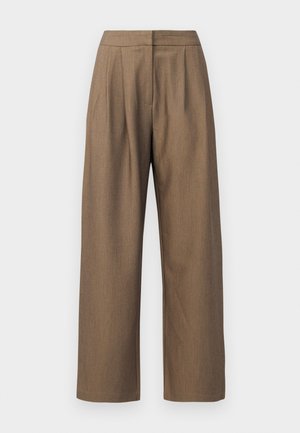 Brune vide bukser laget av teksturert stoff, med høy midje, legg og rett snitt, med rene sømmer.