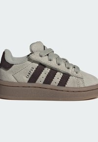 Light gray suede sneaker with dark brown stripes, gray laces, cushioned collar, and brown rubber sole, labeled "Campus" on the side.