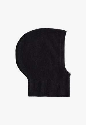 Black knit balaclava made from soft wool, featuring a rounded top and ribbed edges for a snug fit. Smooth texture with no visible patterns.
