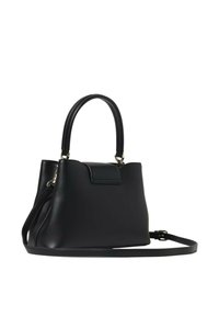 Borsa a mano in pelle nera con forma strutturata, doppio manico superiore, tracolla removibile e tasca frontale. Texture liscia e minimalismo negli accessori.