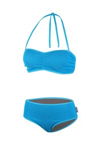 Bikini turquoise côtelé avec un haut bandeau doté de bretelles ajustables et un bas taille haute avec une doublure grise et une étiquette logo sur le côté.