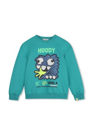 Turkooizen longsleeve sweatshirt met cartoon blauw monster, tekst "HOODY," en zinnen zoals "ESCAPE," "LEVEL 9," en "BILLIEBLUSH" aan de voorkant.