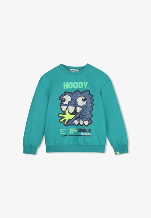 Turkooizen longsleeve sweatshirt met cartoon blauw monster, tekst "HOODY," en zinnen zoals "ESCAPE," "LEVEL 9," en "BILLIEBLUSH" aan de voorkant.