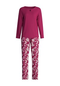 Paarse lange mouwen top met een ronde hals en sleutelgatdetail, gecombineerd met bloemenpatroon broeken in tinten roze en wit.