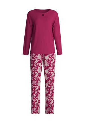 Top viola a maniche lunghe con scollatura rotonda e dettaglio a buco, abbinato a pantaloni con motivo floreale nelle tonalità di rosa e bianco.