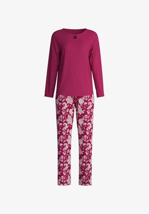 Top viola a maniche lunghe con scollatura rotonda e dettaglio a buco, abbinato a pantaloni con motivo floreale nelle tonalità di rosa e bianco.