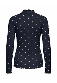 Bluzka z długim rękawem w kolorze granatowym, wykonana z prążkowanej tkaniny z kremowymi groszkami. Posiada falbaniasty wysoki kołnierz i dopasowany krój. Gładka faktura.