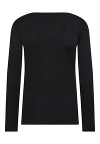 Schwarzes Langarmshirt mit Rundhalsausschnitt. Der Stoff hat eine strukturierte Oberfläche, mit eng anliegenden Ärmeln und einem geraden Saum auf Taillenhöhe.