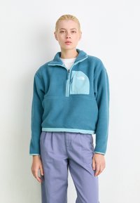 Blue fleece pullover with a quarter zip, featuring a light blue chest pocket and cuffs. Model wears lavender trousers.