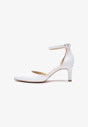 White leather high-heeled shoe with a pointed toe, ankle strap, and a slender heel. The interior features a soft, beige lining.