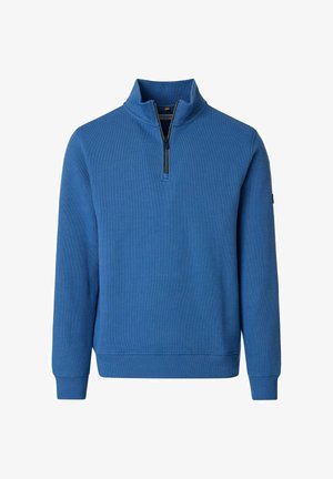 Blå strikket pullover med lange ærmer, kvart-lynlås ved kraven og et lille sort logo på venstre ærme.