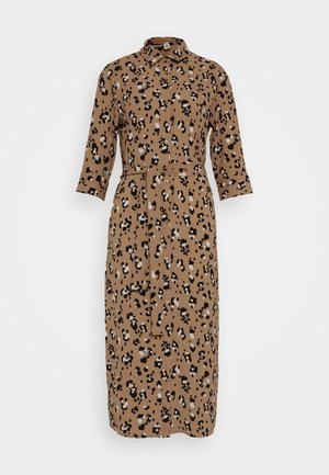 Leopard print midi dress in brown tones, featuring a collared neckline, long sleeves, and a matching fabric belt at the waist.