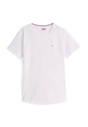 T-shirt bianca a maniche corte con scollo a girocollo, piccolo logo Tommy Hilfiger sul petto e rifinitura interna del colletto nei colori rosso, bianco e blu.