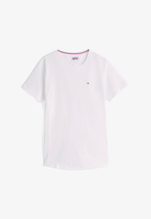 Wit T-shirt met korte mouwen en ronde hals, met klein Tommy Hilfiger-logo op de borst en rood, wit en blauw biesje aan de binnenkant van de kraag.