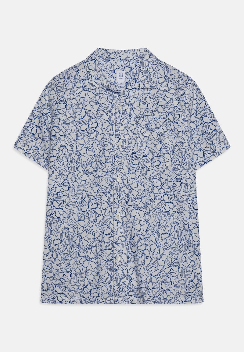 Chemise blanche à manches courtes avec motifs abstraits floraux bleus en lignes, fermeture boutonnée sur le devant, présentée à plat sur un fond blanc.