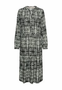 Schwarz-weiß gemustertes Langarmkleid mit Rundhalsausschnitt, Knopfdetails und gerafftem Bund, aus leichtem Stoff gefertigt.