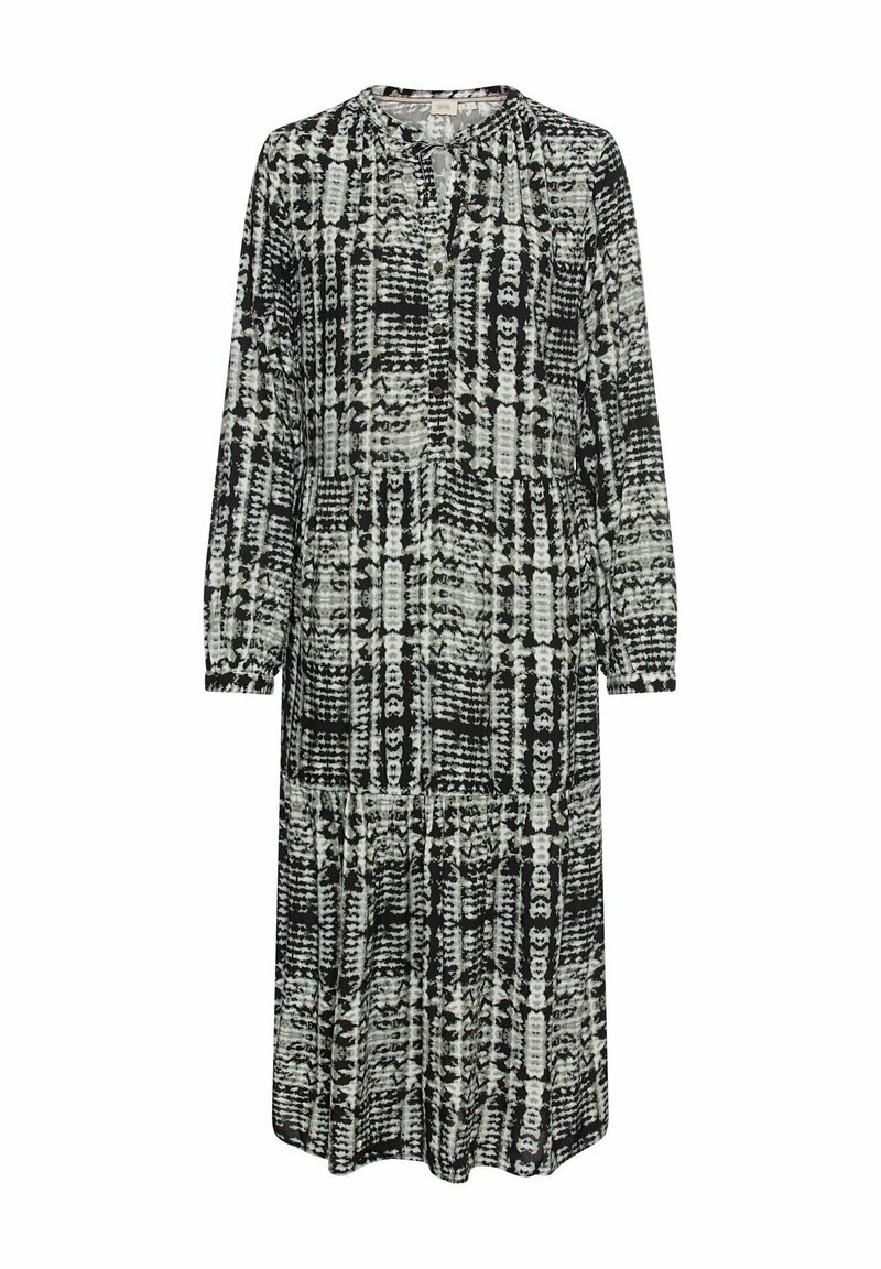 Schwarz-weiß gemustertes Langarmkleid mit Rundhalsausschnitt, Knopfdetails und gerafftem Bund, aus leichtem Stoff gefertigt.