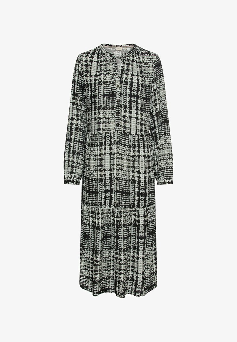 Schwarz-weiß gemustertes Langarmkleid mit Rundhalsausschnitt, Knopfdetails und gerafftem Bund, aus leichtem Stoff gefertigt.