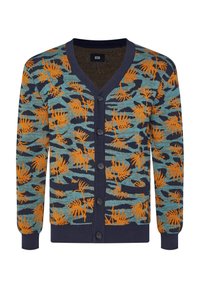Kardigan med blå bakgrund och orange palmbladsmönster, marinblå detaljer, v-ringning och knappar framtill. Två framfickor ingår.