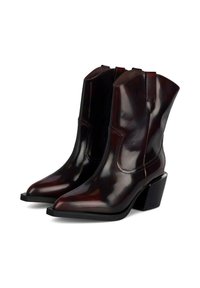 Botas de tobillo de cuero burdeos con punta afilada, detalles de costura y tacón cubano. Textura suave con un acabado brillante.
