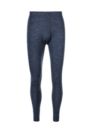 Marineblaue lange Leggings aus einem strukturierten, dehnbaren Stoff. Sie zeichnen sich durch ein enges Design mit einem breiten Bund und gerippten Bündchen an den Knöcheln aus.