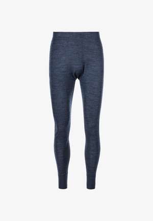 Marineblaue lange Leggings aus einem strukturierten, dehnbaren Stoff. Sie zeichnen sich durch ein enges Design mit einem breiten Bund und gerippten Bündchen an den Knöcheln aus.