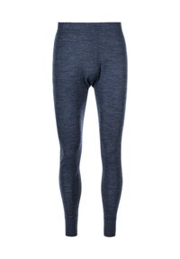 Dunkelblaue Leggings aus weichem, strukturiertem Stoff. Sie verfügen über ein enganliegendes Design mit elastischem Bund und schmal zulaufenden Beinen. Keine sichtbaren Muster oder Logos.