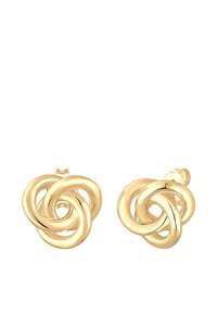 Cercei cu studs de culoare aurie, având un design legat, cu margini netede și rotunjite și un finisaj lustruit, accentuând aspectul lor elegant.