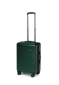 Valigia rigida verde con scanalature, manico retrattile nero, ruote scorrevoli e un logo sul lato. Design compatto e rettangolare.