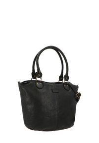 Schwarze Leder-Tote mit zwei Griffen, Messing-Akzenten, runder Form und glatter Textur. Enthält ein subtile Logodetail.