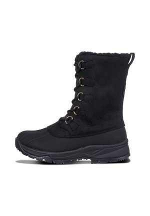 Bota de invierno negra con suela gruesa, cierre de cordones en la parte delantera y forro de pelo, diseñada para proteger del frío y para uso exterior.