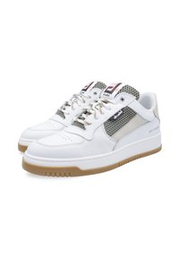 White leather sneakers with grey mesh panels, featuring a gum rubber sole, lace-up design, and contrasting logo accents.