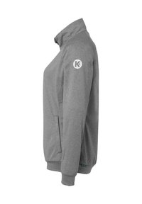 Grå lynlåsjakke med opretstående krave, ribbede manchetter og kant. Den har et cirkulært logo på venstre ærme og er lavet af blødt stof.