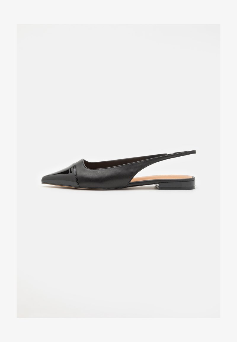 Black slingback flats featuring a pointed toe, smooth leather upper with glossy accents, and a minimalistic flat heel.