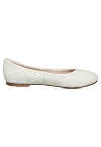 White ballet flats made of textured leather, featuring a rounded toe and flat sole with minimalistic design and no visible hardware.