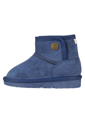 Blue suede ankle boot with a rounded toe, decorative stitching, and a circular logo accent on the side. Soft texture and rubber sole.